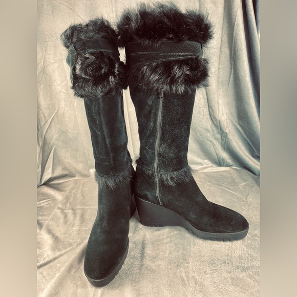 Coach Black Suede Wedge Boots Rabbit Fur Trim Size 11 Sharma Made in Italy🇮🇹 - Picture 4 of 17